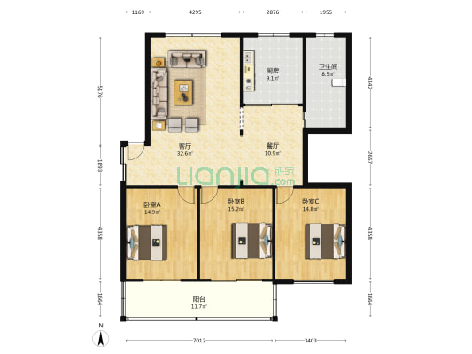 人民中路274号 3室2厅1卫 139平方