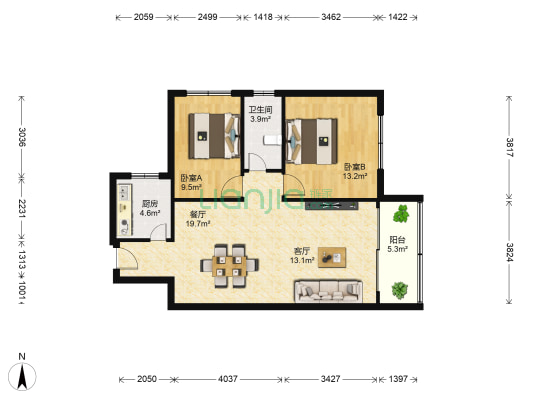 景湾商住楼 2室2厅1卫 86平方