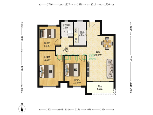 万科城银杏苑 3室1厅1卫 97平方