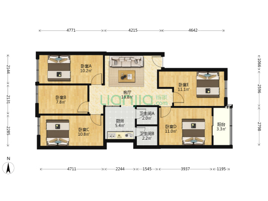 富丽家园旺达楼 5室1厅2卫 96平方
