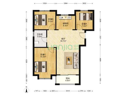 海信悦华里二期 3室1厅1卫 107平方