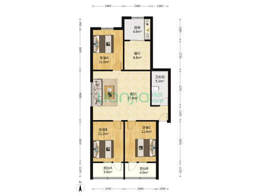 兴泰小区 3室2厅1卫 104平方