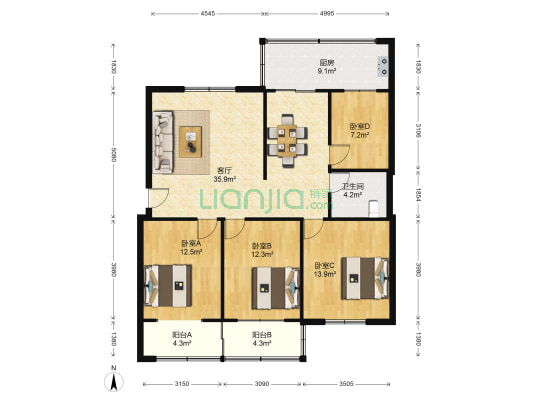 怡军苑 4室1厅1卫 132平方
