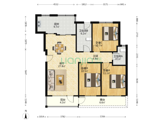 景泰玫瑰园 3室1厅2卫 118平方