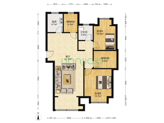 世茂鲲玺园 2室1厅1卫 113平方