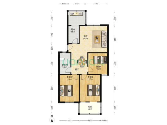 经三路6-1号院 3室1厅1卫 91平方