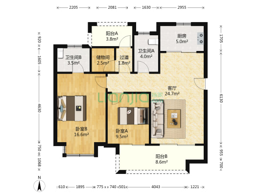 绿地新里城 2室1厅2卫 115平方