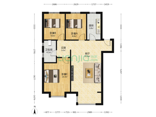 兰州融创城 3室1厅1卫 110平方