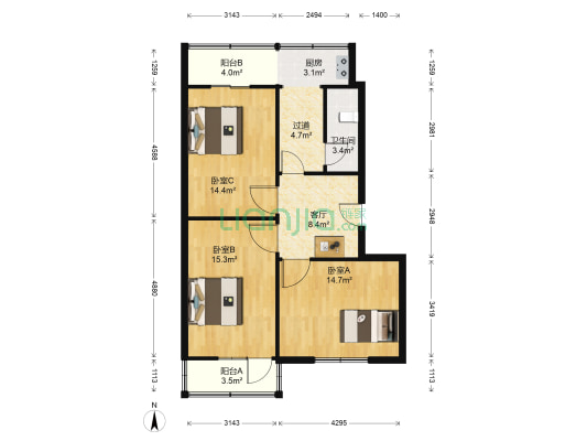 经八路21号院 3室1厅1卫 86平方