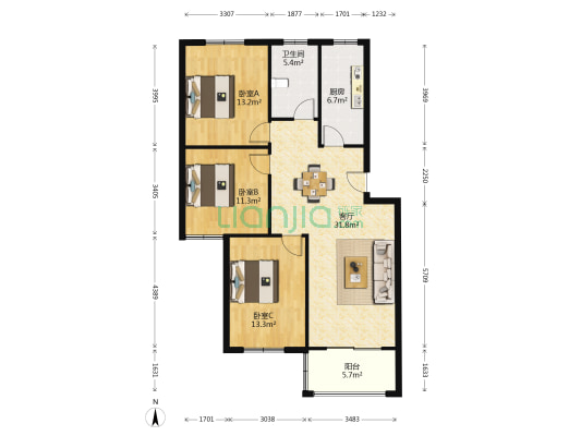 正旺苑 3室1厅1卫 107平方