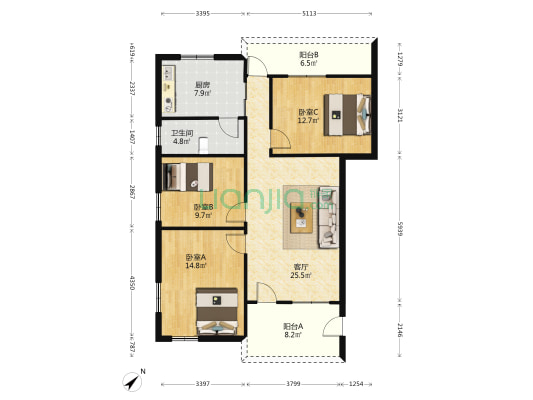 学左路农行宿舍 3室1厅1卫 87平方