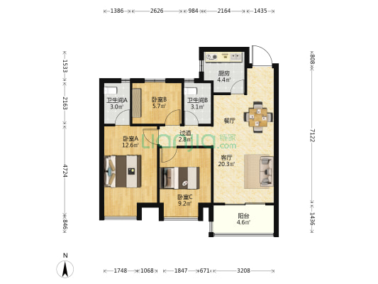 中建岳前雅居 3室1厅2卫 90平方