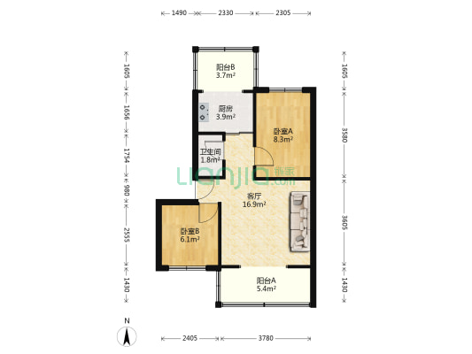 水电四局 南北两居室  房本满五年 园林社区-户型图
