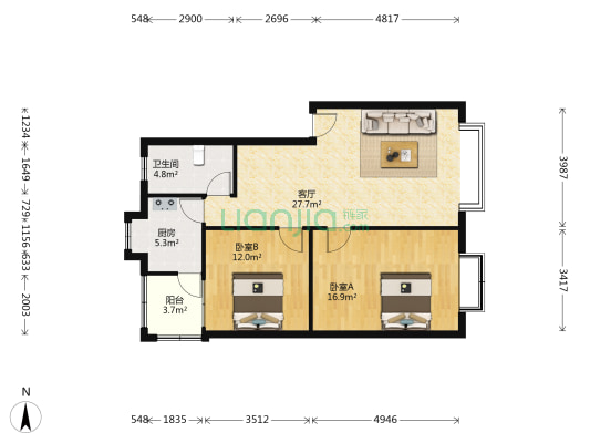 花香逸苑 2室1厅1卫 87平方