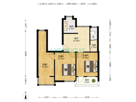 区博物馆宿舍 3室1厅1卫 64平方