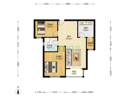 蒲瑞馨园北区-西院 2室1厅1卫 85平方