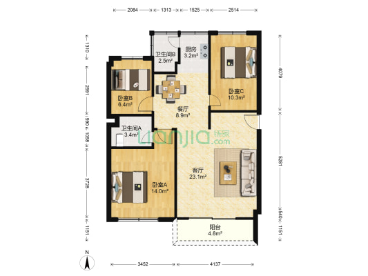 电力新村 3室2厅2卫 88平方