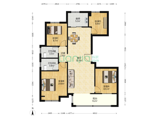 华宇九州府 4室1厅2卫 123平方