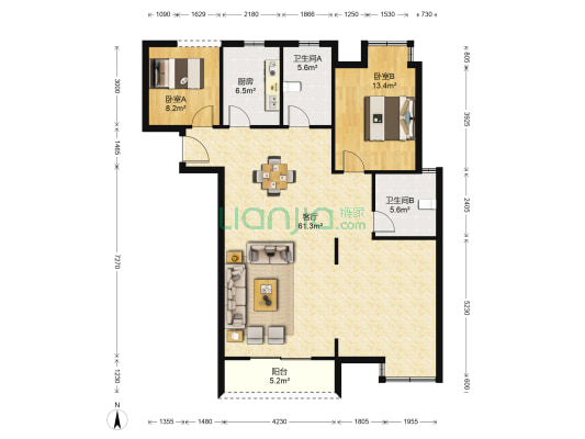 玲珑湾 2室1厅2卫 115平方