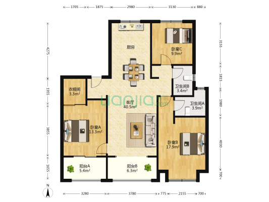 九龙溪畔 3室1厅2卫 138平方