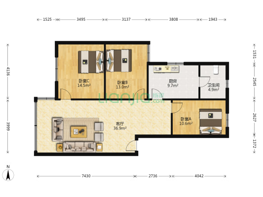 龙岗花园 3室1厅1卫 104平方