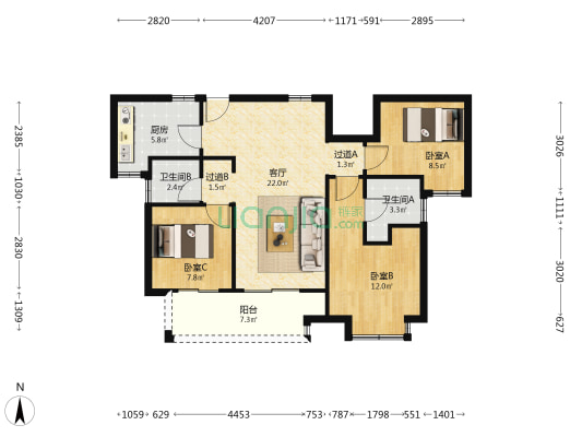 金地格林世界二期时代上城 3室1厅2卫 97平方