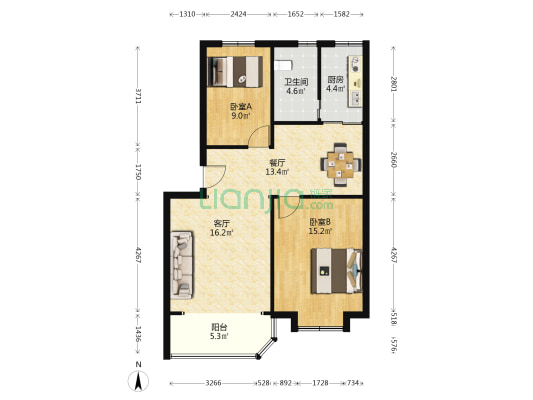 河嘉園 2室2厅1卫 87平方