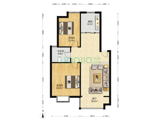 江山星园 2室1厅1卫 88平方