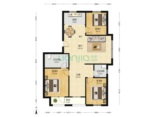 明星国际花园 3室1厅2卫 123平方