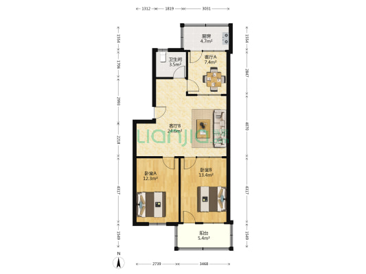 铁路新村东区 2室2厅1卫 87平方