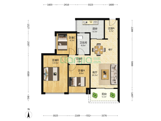 中荟城星品苑 3室1厅1卫 86平方