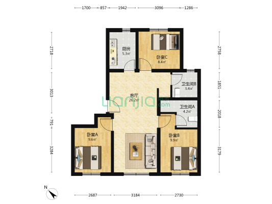 朝阳壹号 3室1厅2卫 110平方