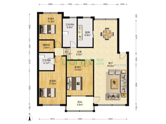 钱王公寓 3室1厅2卫 144平方