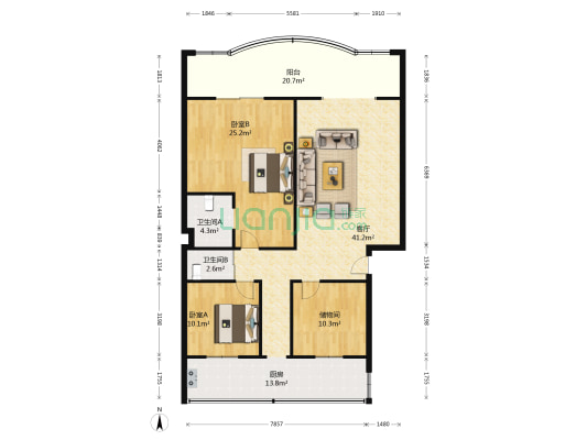 关家公寓 2室1厅2卫 130平方