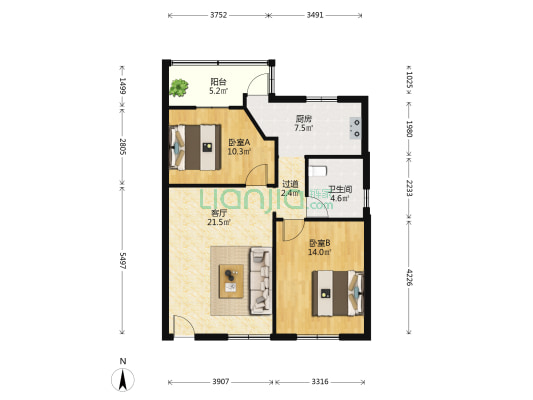 锦绣家园 2室1厅1卫 86平方