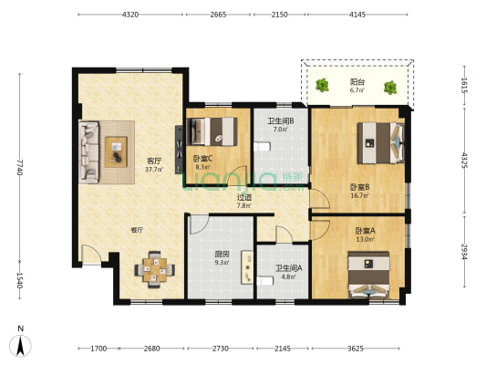南湖花园 3室1厅2卫 136平方