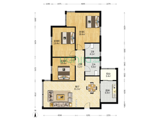 江湾西二苑 3室1厅2卫 117平方