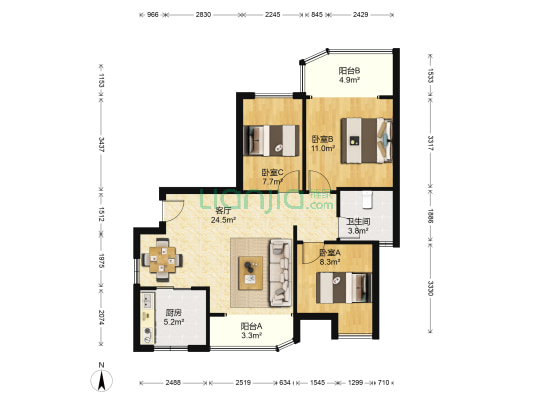 五矿万境水岸一期 3室1厅1卫 87平方