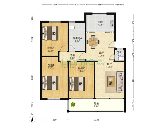 冬青里小区 3室2厅2卫 108平方