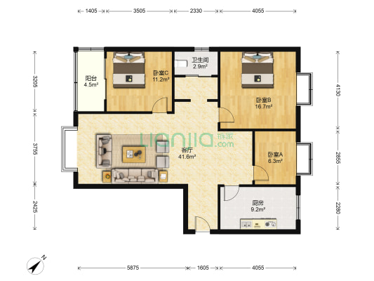 金竹苑D区 3室1厅1卫 109平方