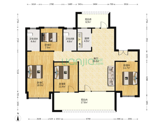 龙口中南熙悦 4室1厅2卫 144平方