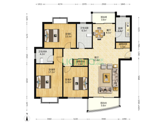 金上海家园 3室2厅2卫 147平方