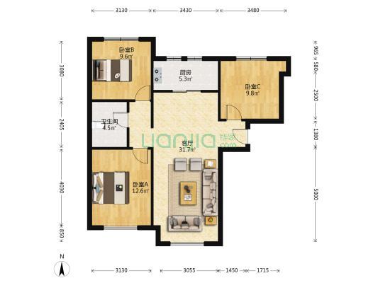 鸿坤北区 南北向大三居 精装修 拎包入住-户型图