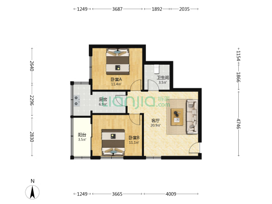 兴庆小区金花坊 2室1厅1卫 73平方