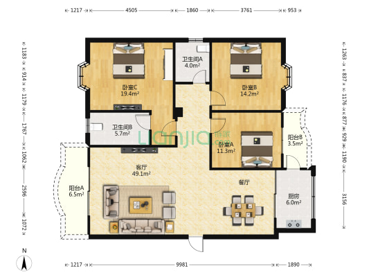 万利隆花园 3室1厅2卫 148平方