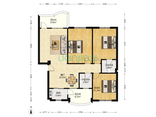 天海城 3室2厅2卫 110平方