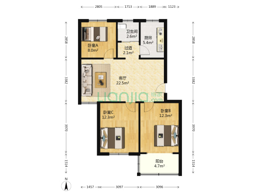 晓山北村南苑 3室1厅1卫 88平方
