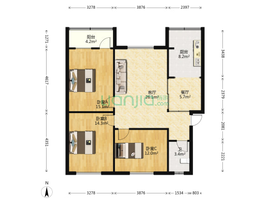 中山北路123号 3室2厅1卫 104平方