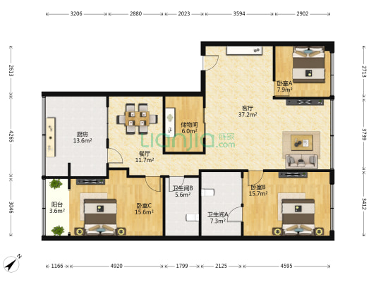 天竺园 3室2厅2卫 143平方