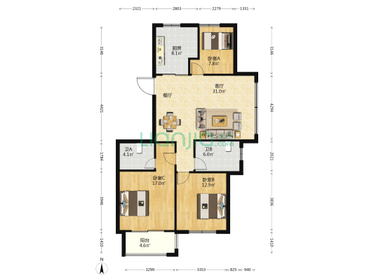 旺角未来公馆 3室1厅2卫 124平方